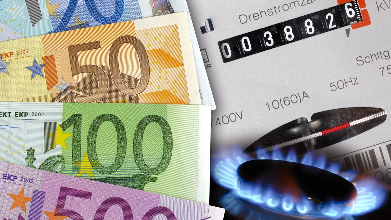 electric meter and Euro banknotes as symbol for high energy costs